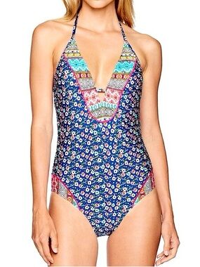 Laundry By Shelli Segal Blue Floral Print Dress with Pink Lining